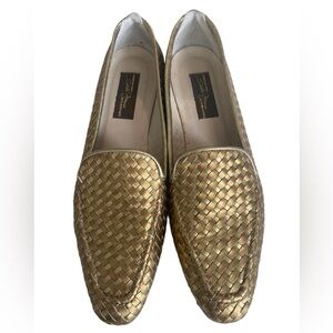 Sesto Meucci Gold Metallic Basket Weave Leather Loafers, Size 9 N